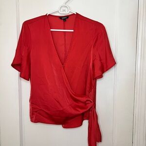 Express Red Short Sleeve Wrap Blouse